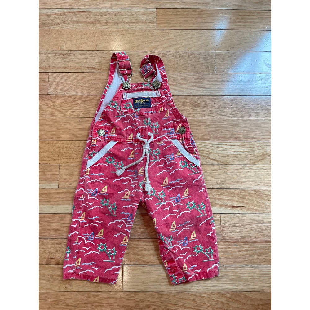 Vintage‎ OshKosh Bgosh Red Nautical Palm Tree Sailboat Overalls 6-9 Months USA